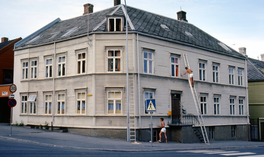 Exterior house painting from a ladder